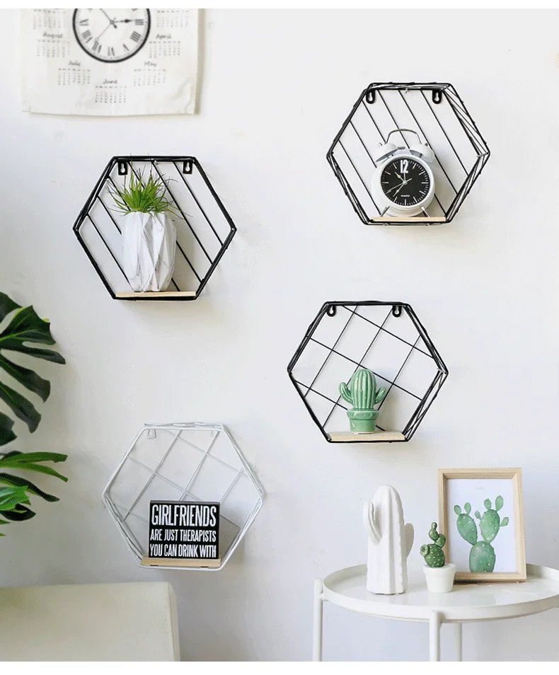 

Iron Hexagonal Grid Wall Storage Shelf Nordic Style Ins Home Hexagonal Built-In Rack Creative Bedroom Decorations Home Decor