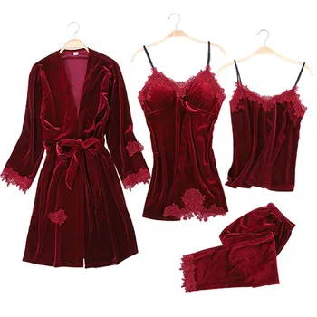 

Velvet 4 Pieces Warm Winter Pajamas Sets Women Sexy Lace Robe Pajamas Sleepwear Kit Sleeveless Nightwear Women's Home Clothes