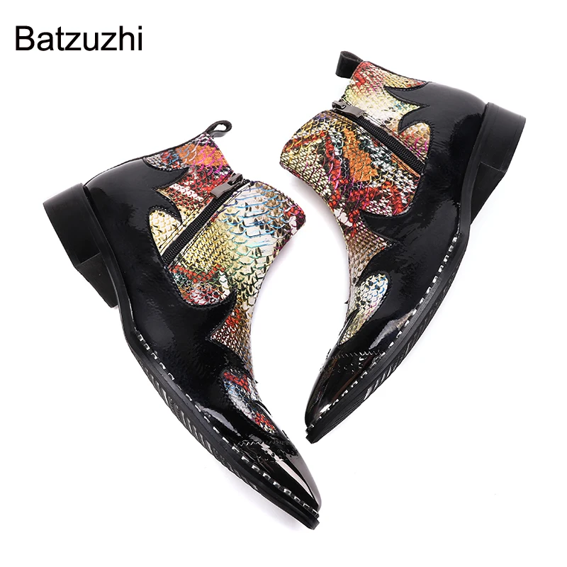 Batzuzhi 100% Brand New Men's Boots Pointed Toe Black Print Genuine Leather Ankle Boots Men Zip Runway, Party Botas Hombre,38-46