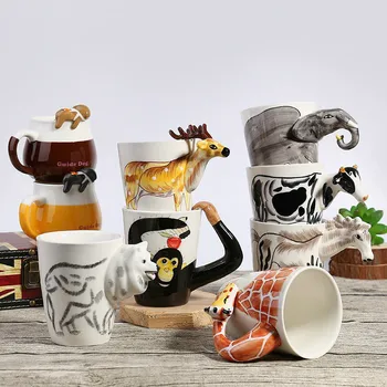 

Hot selling stereo hand-painted 3D animal cup cartoon giraffe orangutan cow red deer wolf elephant ceramic coffee cup gift cup