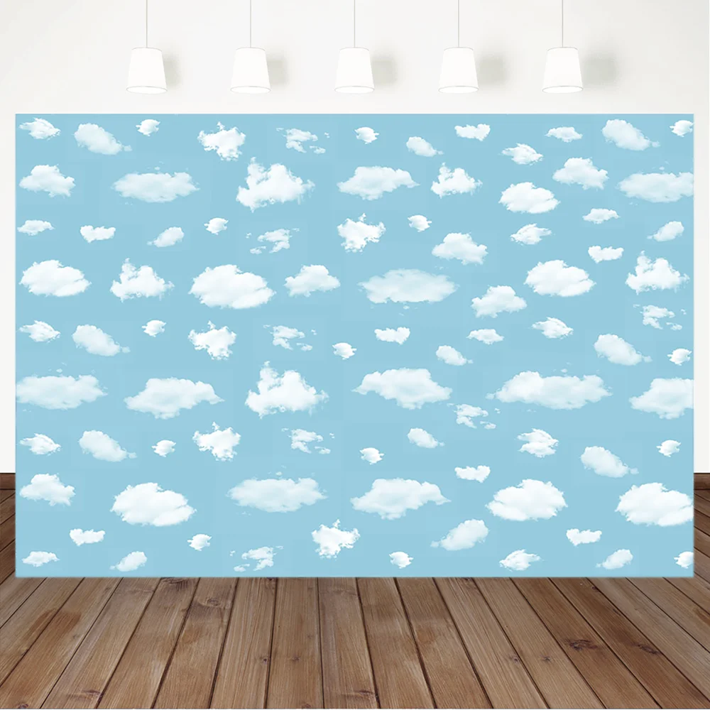 

Cartoon Baby Shower Backdrop Blue Sky White Clouds Birthday Party Photography Background Dessert Table Decor Banner Backdrops