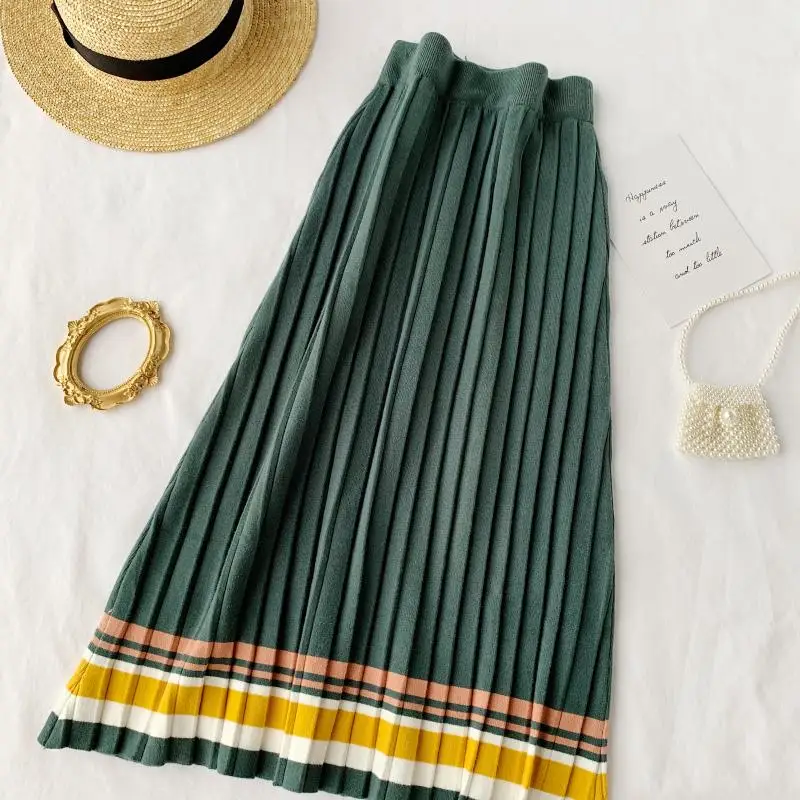 New spring autumn Korean version skirt women vintage elastic high waist Medium long pleated knitted skirt cc1758