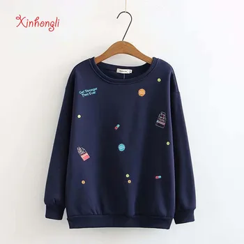 

Plus size embroidery fleece solid black navy women loose pull Sweatshirt 2020 NEW autumn winter casual ladies hoodies top female