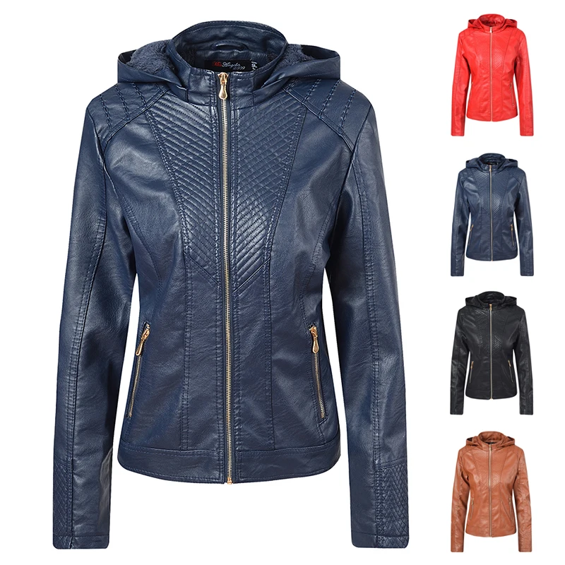 thicken Women jacket tops Casual Zipper PU Hooded Coat cool leather Jacket Motorcycle Slim Biker Parka Outerwear ladies bomber