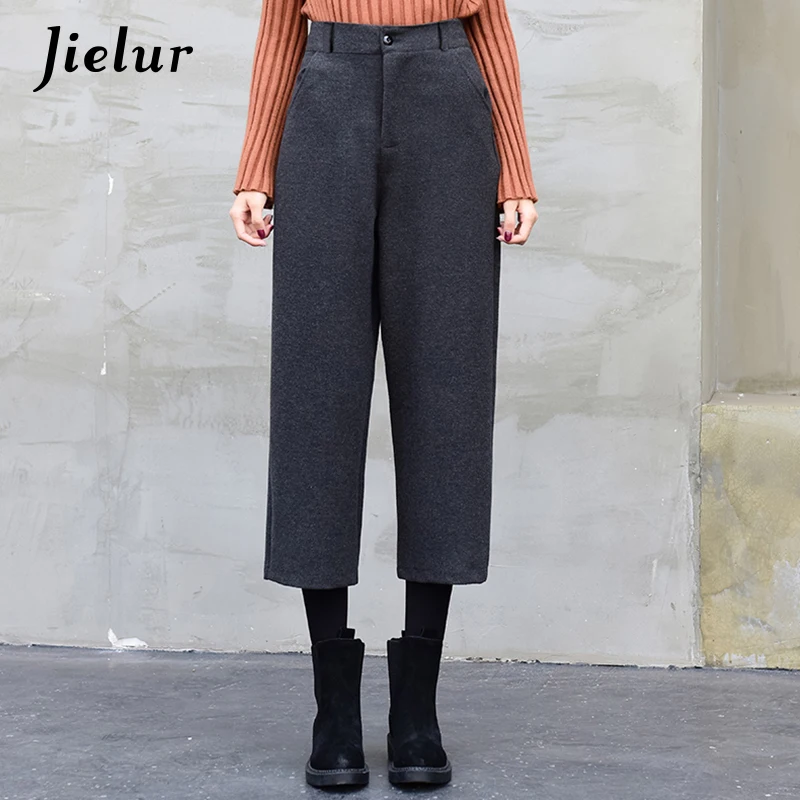 Jielur Solid Color Winter Woolen Pants 