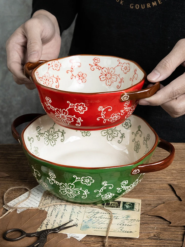 Новая керамическая десертная чаша с вишневым узором и ручкой бытовая креативная