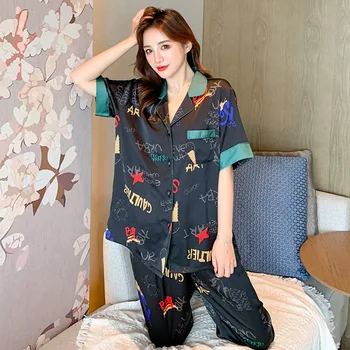 

Summer New Women Satin 2PCS Shirt&Pants Casual Print Sleepwear Pajamas Set Intimate Lingerie Silky Kimono Bathrobe Gown Homewear