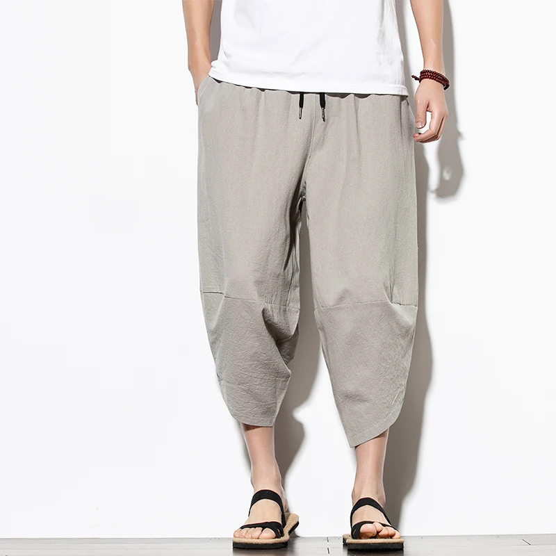 

Summer Cotton Harem Pants Men Casual Hip Hop Trousers Drawstring Cross Bloomers Calf-Length Pants Joggers Streetwear