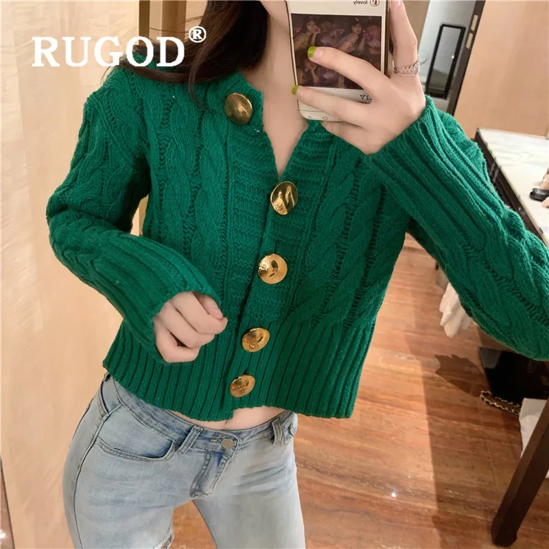 RUGOD, Осень-зима, стиль, шикарный, крученый узор, однотонный кардиган с большими пуговицами, однобортный свитер, одежда в стиле поп