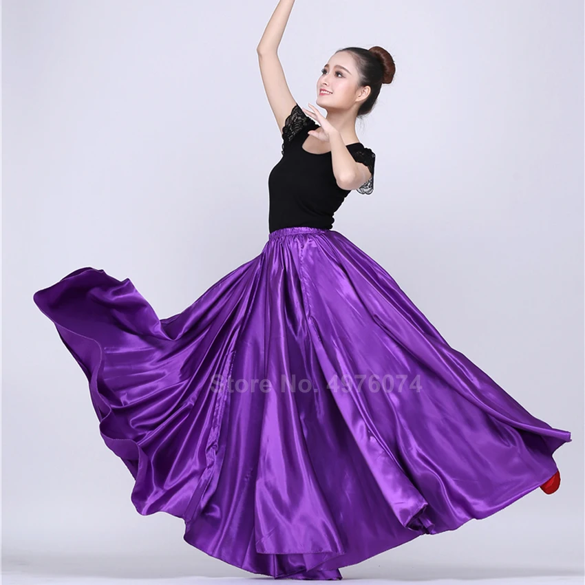 Одноцветная сатиновая юбка размера плюс для танца живота для женщин, блестящие Испанские костюмы для танца фламенко для цыганских девушек, гладкие 360-720