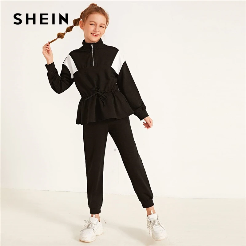 

SHEIN Kiddie Girls Zip Half Placket Drawstring Waist Sweatshirt And Sweatpant Set Spring Colorblock Active Wear Casual Suit Sets