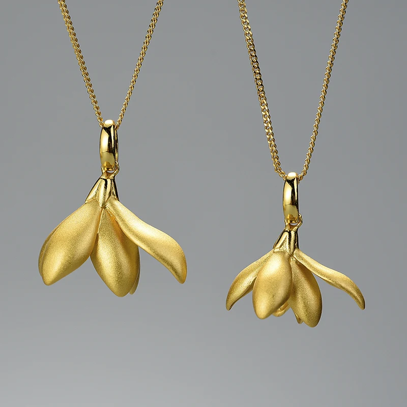 Lotus Fun 18K Gold Elegant Magnolia Flower Pendant without Necklace Real 925 Sterling Silver Handmade Fine Jewelry for Women
