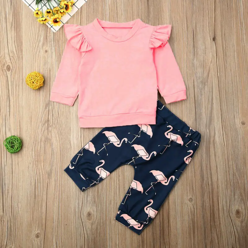 Autumn Spring Infant Kids Baby Girl Clothes Long Sleeve Shirts Ruffle Tops Flamingo Pants Outfits Baby Clothing 0-18M
