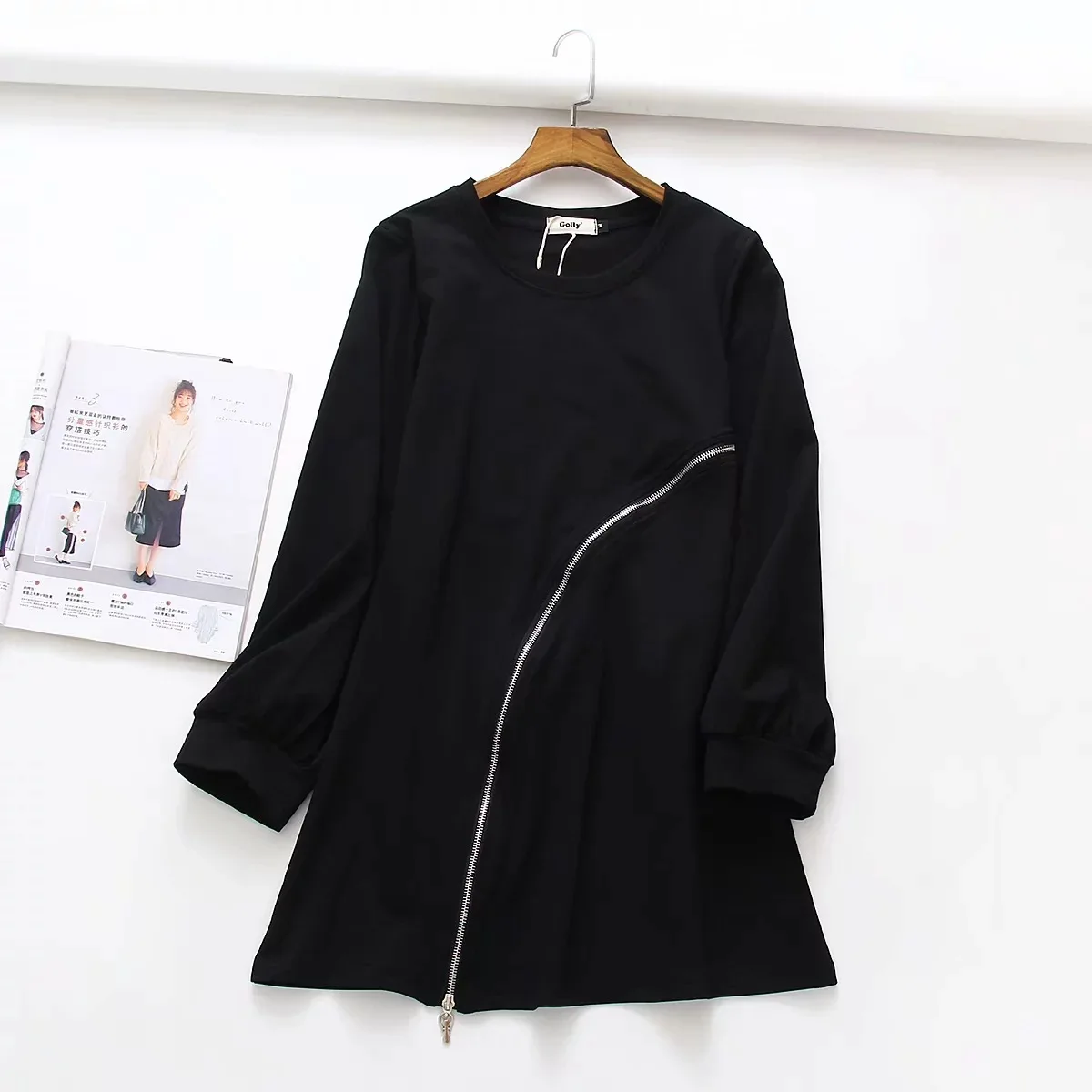 

08113 WOMEN'S Dress New Products Korean-style Black with Thin Look Zipper Hoodie Dress