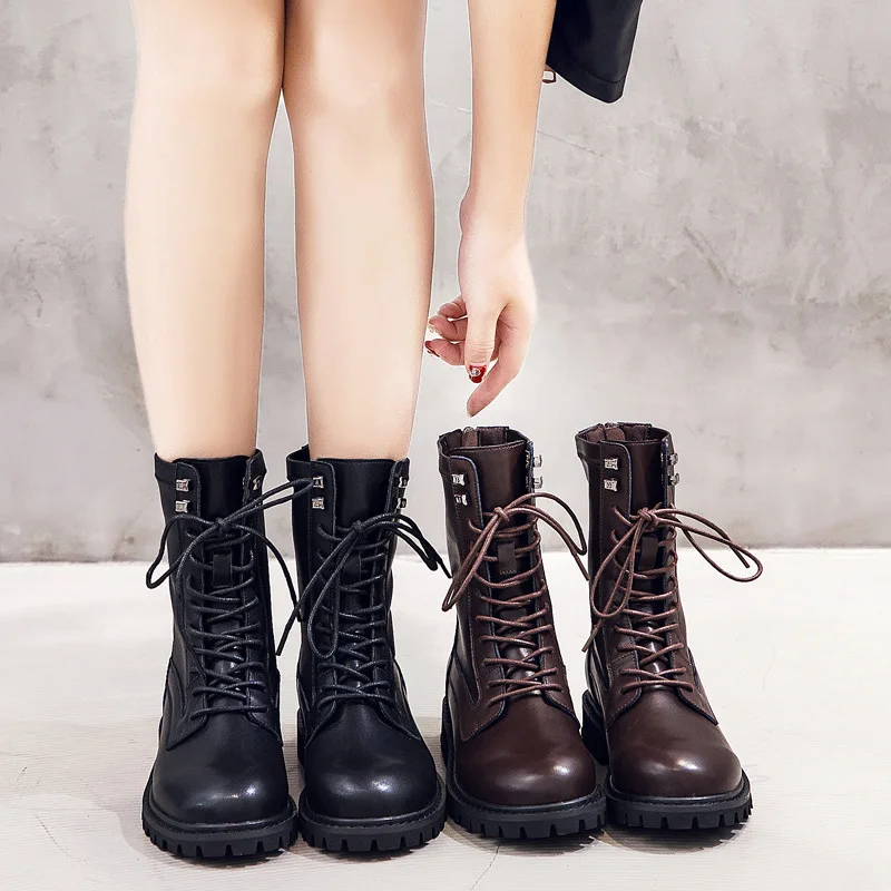

Martin Boots Women's 2019 Autumn New Style Boots Versatile England Trend round-Toe Locomotive Boots with Chunky Heels Lace-up Wo