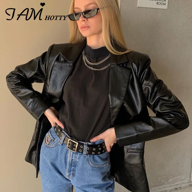 

IAMHOTTY Black Motorcycle Leather Women's Jacket Fashion Faux PU Pocket Moto & Biker Punk Streetwear Coat Female Clothing Autumn