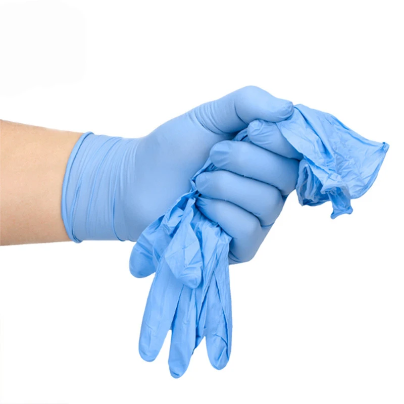 100 беспорошковые износостойкие одноразовые нитриловые перчатки Синие Нескользящие и кислотно-базовые лабораторные кухонные нитриловые перчатки