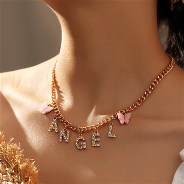 Butterfly Rhinestone BABY HONEY ANGEL Letter Pendant Necklace For Women Short Trend New Boho Jewelry Gift