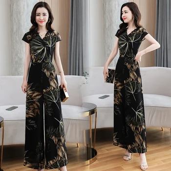

Jumpsuit Women Summer 2020 New Slim Waist Long Printed Wide-leg Pants Jumpsuit Set Plus Size Casual Clothes