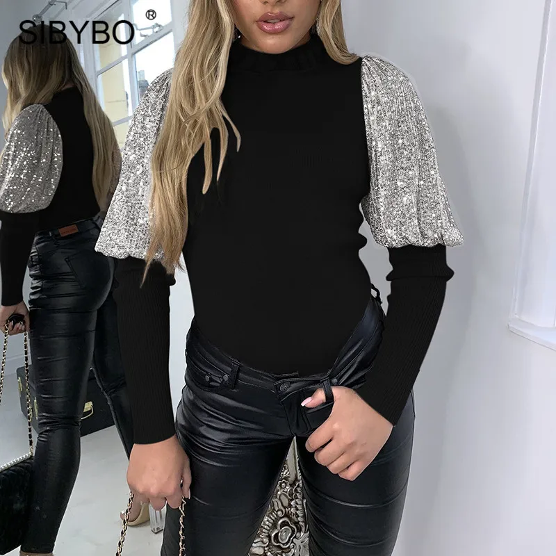 Черный SIBYBO/повседневные женские топы в рубчик с блестками, зимняя футболка с длинным рукавом и высоким воротником, женские тонкие элегантные футболки - Цвет: Черный
