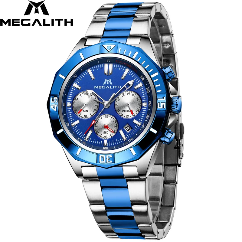 steel blue MEGALITH, мужские спортивные наручные часы, роскошные Брендовые Часы с золотым стальным ремешком, мужские водонепроницаемые светящиеся кварцевые часы, мужские часы, Reloj Hombre - Цвет: steel blue