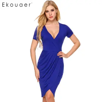 

Ekouaer Women's Deep V-Neck Sexy Dresses Short Sleeve Faux Wrap Split Bodycon Dress Ladies Elegant Party Gown