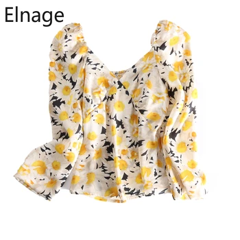 

Elnage Korean Fashion Daisy Printed Long Sleeve Blouse Shirts Spring Summer Crop Tops Women Short Blusas Mujer De Moda 5A646