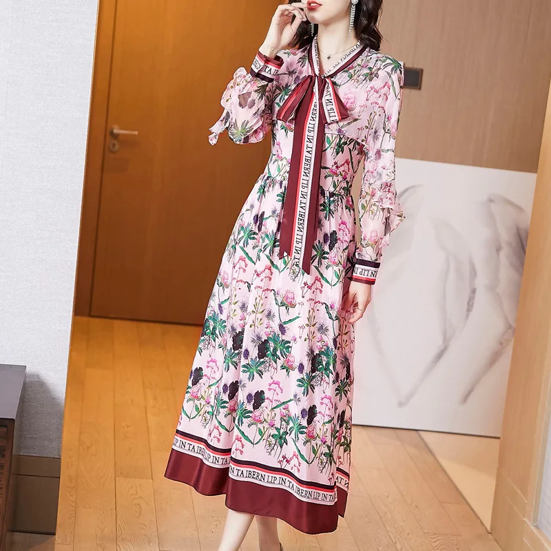 

2020 Early Spring New Style Women's Debutante Elegant Flounced Sleeves Joint Floral-Print Mulberry Silk Floral Printed Dress Lon