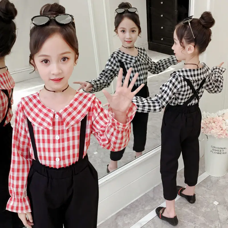 

2019 Girl Autumn Fashion Children's Clothing Sets Plaid Tops Shirt+ Solid Black Pants 2pcs Suit Kids Clothes Girls Clothing Set