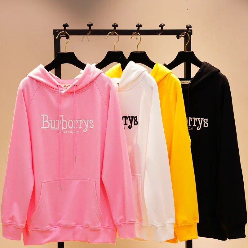 6 Colors Korean Fashion Girls Long Style Hoodies Pure Color Hooded Jumper Letter Embroidery Casual Sweatshirts