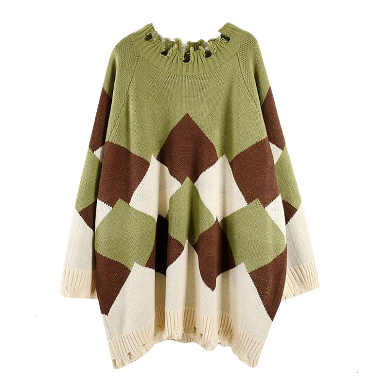 New Fashion Autumn Winter Round Neck Long Sleeve Geometric Printed Pullover Loose Knitting Sweater Women N754