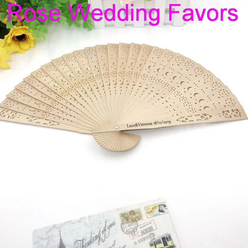 

(80pcs/lot)FREE SHIPPING+Personalized Wood Fan with Star Moon Design Customized Name and Date Wedding Fan in Organza Bag