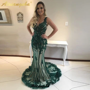 

Sweetheart Green Mermaid Evening Dresses Appliques Lace Robe De Soiree Sexy Sleeveless Formal Prom Gowns вечернее платье