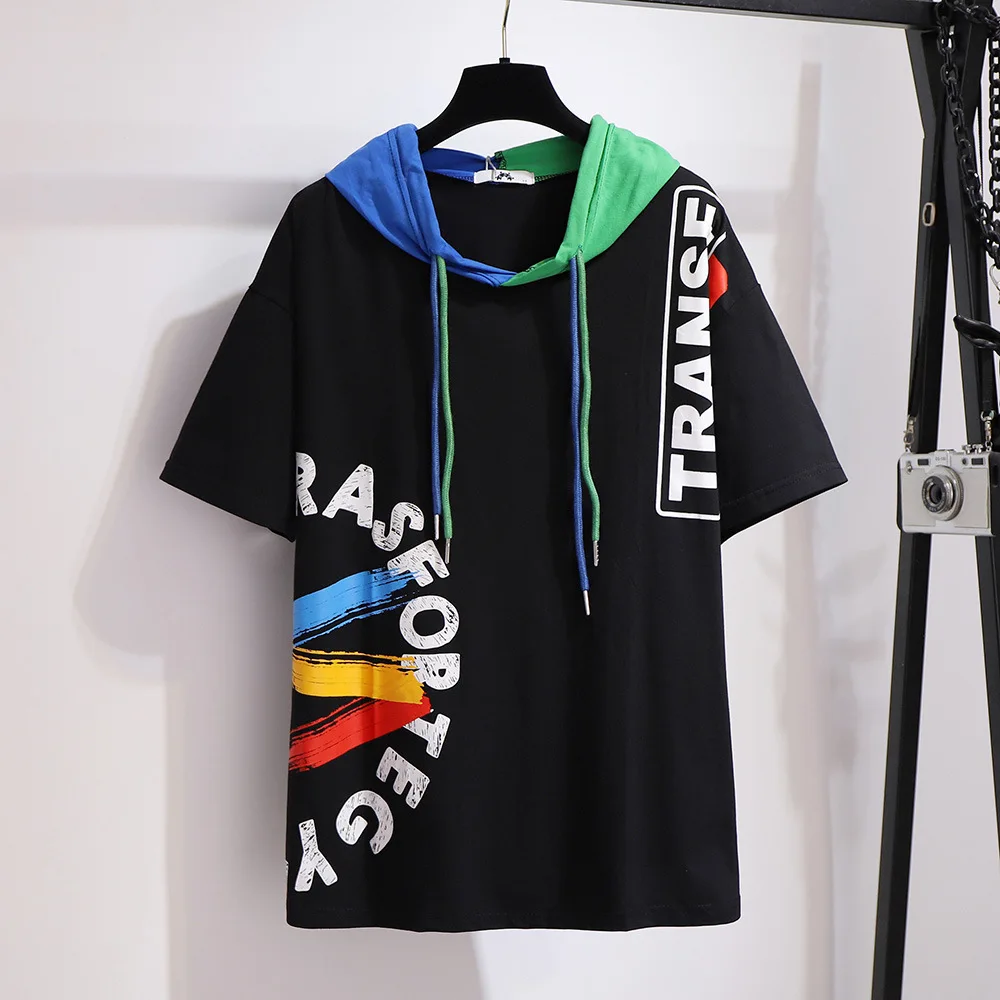 여성용 플러스 사이즈 후드 반팔 티셔츠, 루즈 컬러블록 그래피티 탑, 3 가지 색상, 가슴 157cm, 6XL, 7XL, 8XL, 9..