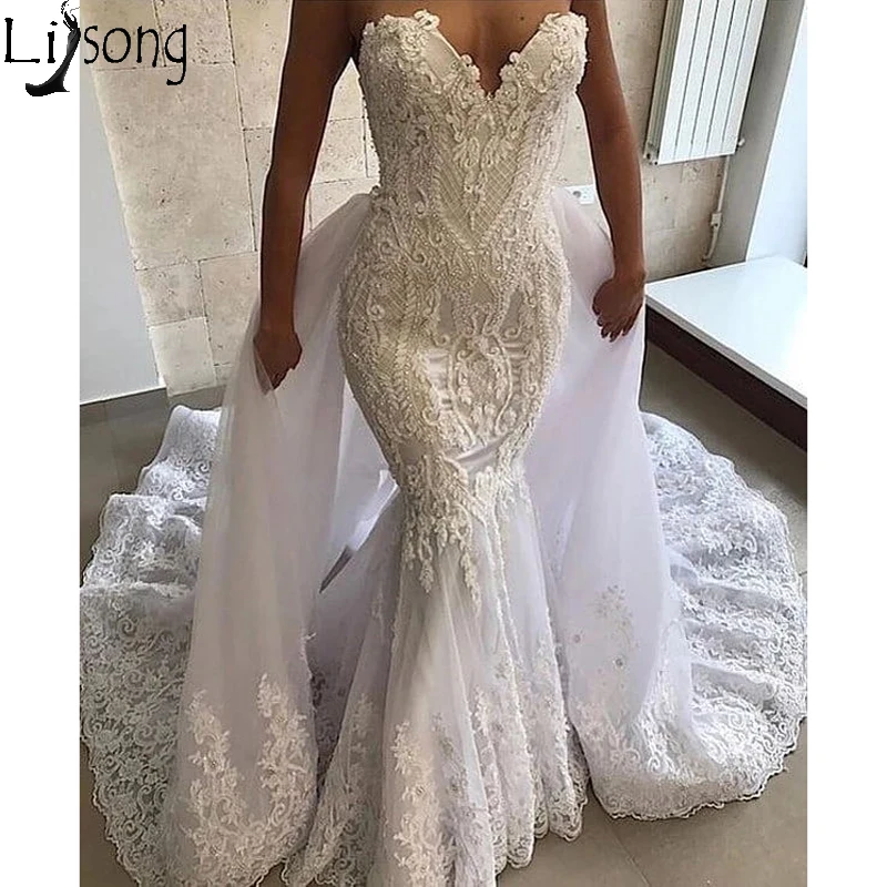 

Luxury Strapless V Neck Mermaid Wedding Dress Elegant Lace Appliques Richly Decorated Bridal Wedding Gowns with Detachable Skirt
