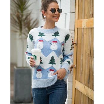 

2019 Christmas Tree Snowman Printed O Neck Long Sleeve Woolen Plush Knitted Pullovers Women's Sweater SJ4421E