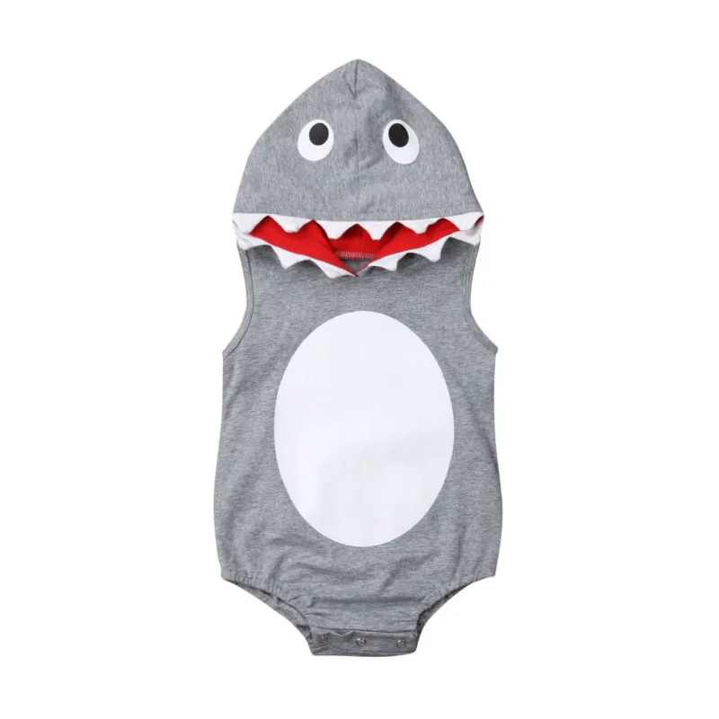 fashion Summer Newborn Baby Bibs Boys Hooded Sleeveless Shark Bodysuit Jumpsuit Vest Summer Outfits