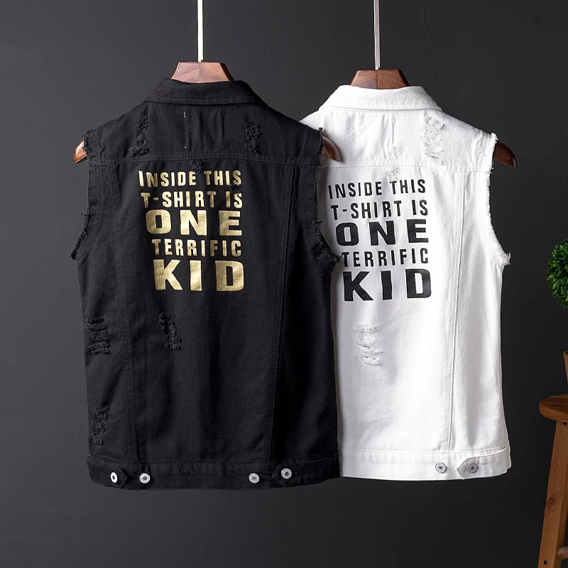 

Spring Summer Newly Fashion Men Vest Slim Fit Printed Designer Ripped Denim Vest Men Streetwear Hip Hop Veste Homme Chaqueta