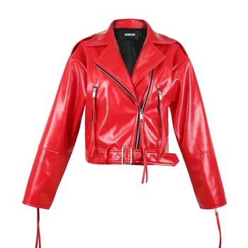 

2020 Spring Red Patent Shiny Leather Jacket Women Bright Surface Small Coat Locomotive Female Glossy Leather Biker Coat HR5032