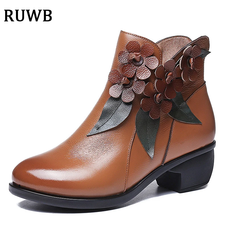 

RUWB 2019 Winter Sweet Girls Street Fashion Floral Genuine Leather Boots Woman Retro Cowhide Ankle Boots for Women Warm Shoes