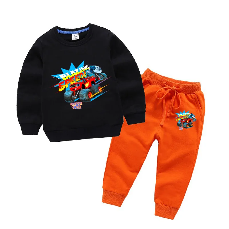 Детский весенний хлопковый свитер, костюм со штанами, комплект из 2 предметов, детская одежда с капюшоном и принтом «Монстр машина» для дня рождения, комплекты одежды
