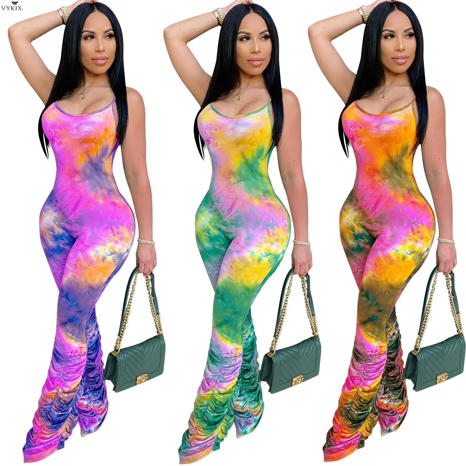 

Women Sleeveless Tie Dye Print Skinny Spaghetti Strap Bodycon Long Stacked Bell Bottom Flare Jumpsuits Rompers One Piece Outfits