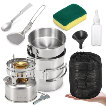 

Lixada Camping Cookware Mess Kit with Gasoline Stove Cooking Pot Pan Spork Scoop Cleaning Sponge Oil Bottle Funnel