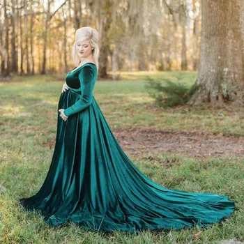 

Long Tail Velvet Winter Maternity Dress For Photography Pregnancy Dress Outfit For Photo Shoot Full Sleeve Baby Shower Dress