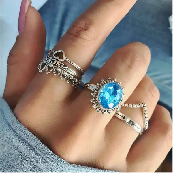 6 rings set Лидер продаж, женское кольцо с океанской звездой и луной, 13 шт. в наборе, ювелирные изделия, Ретро стиль, опал, корона, циркониевые кольца, модные женские аксессуары - Цвет основного камня: 6 rings set