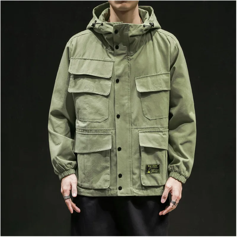 

YUECHEN Spring And Autumn Men's Jacket Hooded Japanese Retro Youth Popular Loose Large Size Pocket Decoration M-5XL