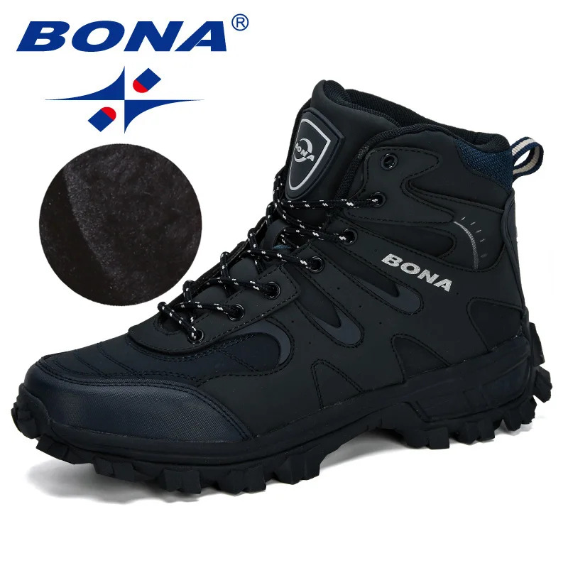 BONA зимняя теплая уличная походная обувь мужские высокие уличные зимние ботинки мужские Нескользящие удобные кроссовки для альпинизма - Цвет: Deep blue silvergray