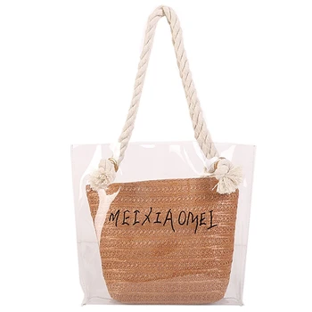 

Handbag Women Fashion Simple Transparent Letter Large-Capacity Shoulder Bag Pure Color Straw Brown