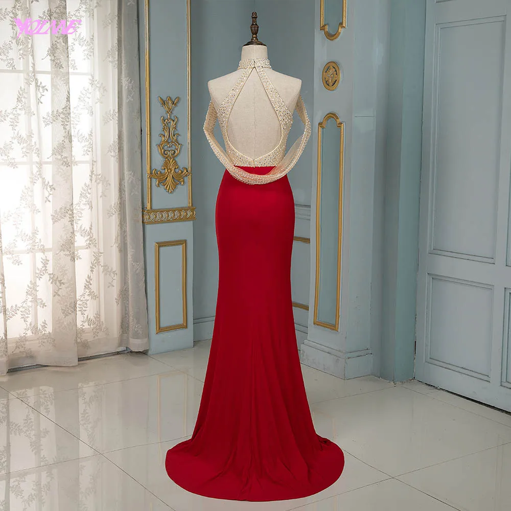 YQLNNE Красный Русалка длинное вечернее платье с высоким воротом бисерное платье для торжеств с низким вырезом на спине; Robe De Soiree