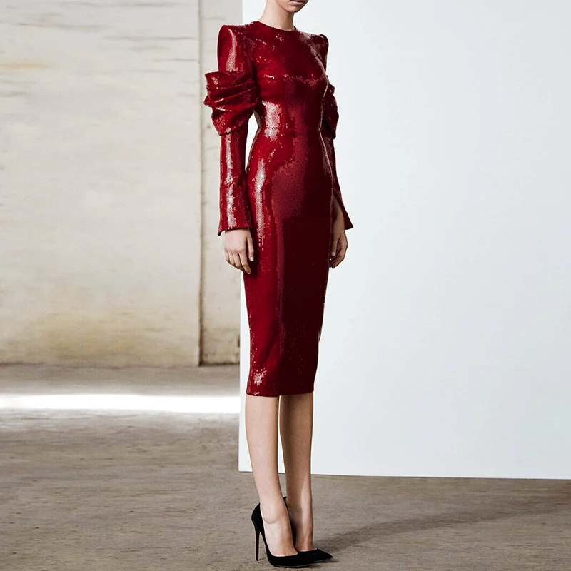 Beateen-Fall-Winter-2019-New-Round-Neck-Sequined-Ruched-Long-Sleeve-Back-Zip-Bodycon-Midi-Dress